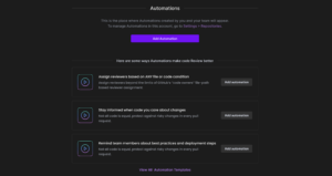 GitKraken Automations dashboard with options to add automations for code review, including assigning reviewers by file conditions, staying informed on key changes, and reminding team members about best practices.